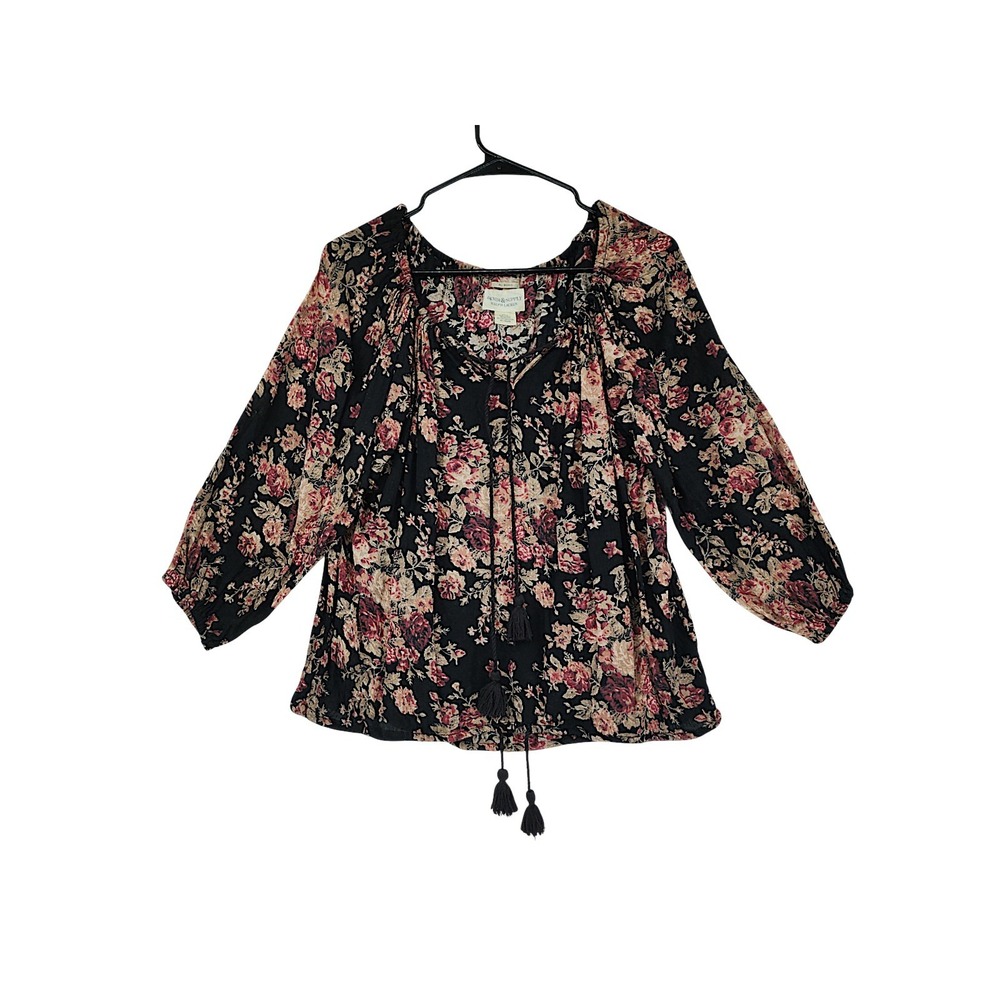 Denim & Supply Boho Peasant Blouse XS Ralph Lauren Black Floral Tassel Fairy Top